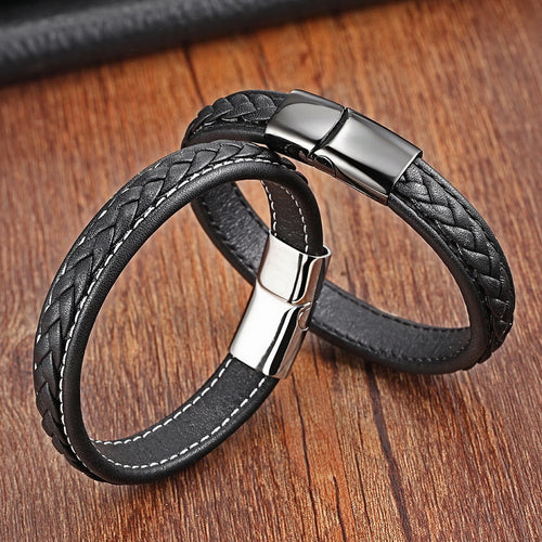 Genuine Leather Stainless Steel Magnetic Buckle Men Leather Bracelet
